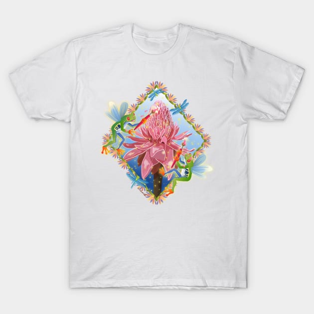 Flying Frogs Painting a Protea Flower T-Shirt by Pamelandia